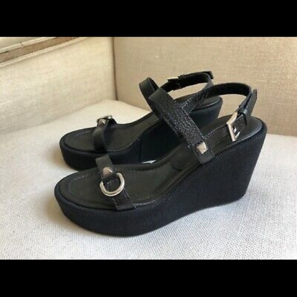Prada Platform Sandals Black Leather Wedge Buckle - Picture 2 of 8